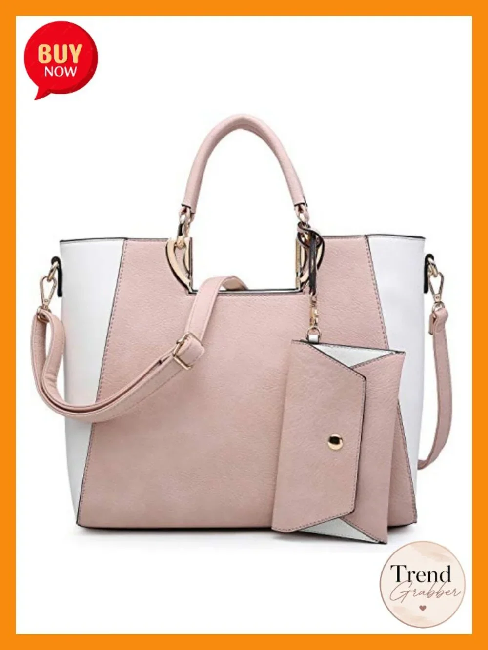 Vegan Leather Tote Bag with Matching Clutch, Top Handle, Shoulder Strap